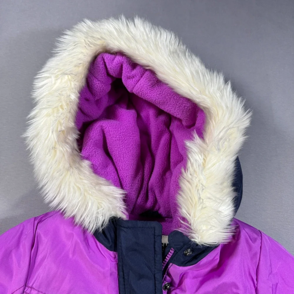 OshKosh B'gosh Girls 2T Winter Jacket Navy Pink Faux Fur Hood Fleece Puffer